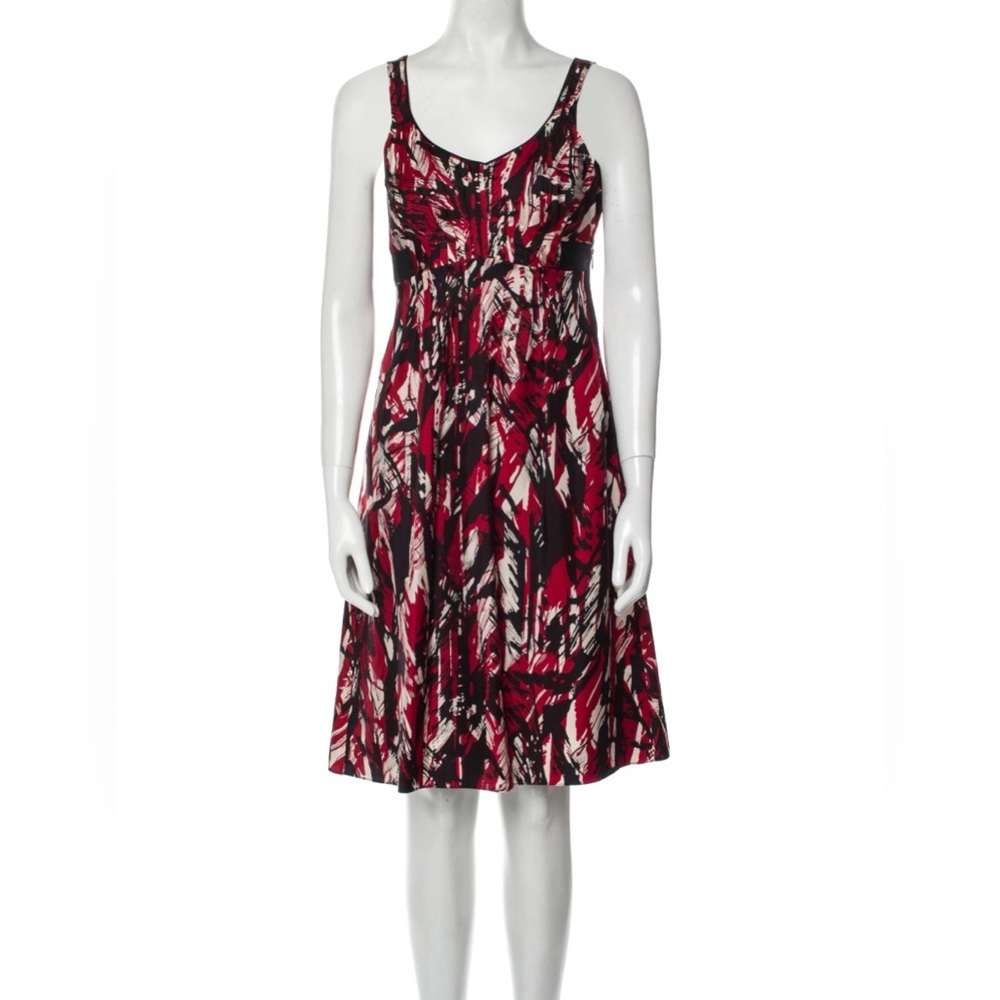 Badgley Mischka Red/Black Abstract Patterned Silk V-Neck Sleeveless Dress